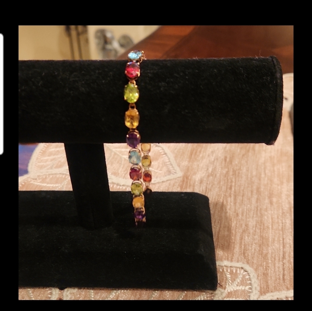 14k Solid Gold Multicolor Oval Gemstone Tennis Br… - image 5